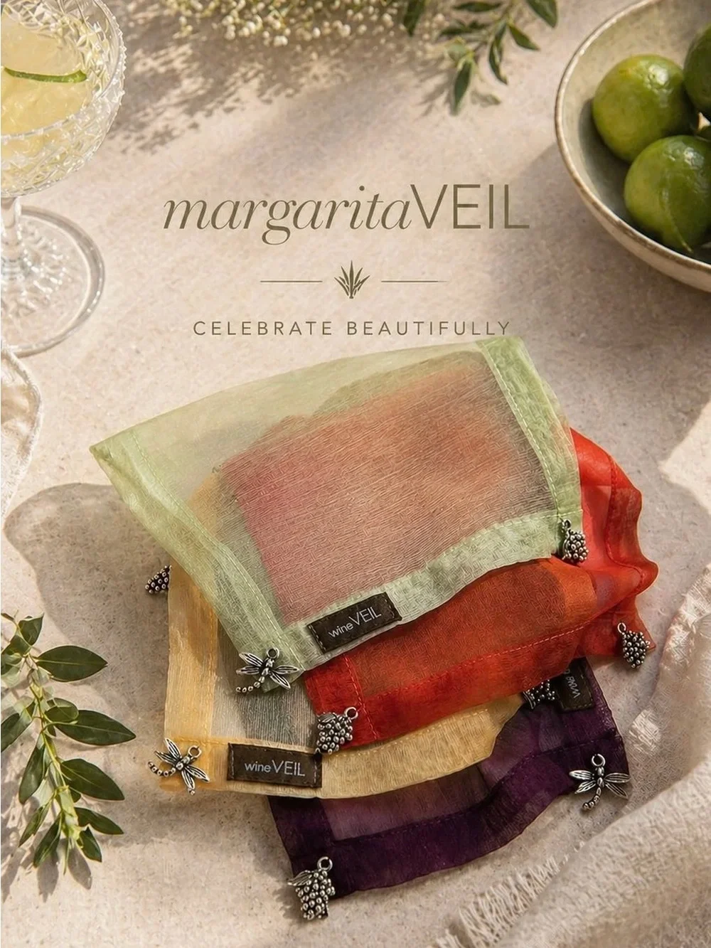 Wine Veil Set 5” Wine Protector Weighted Cloth- Orange, Yellow, Green, Purple